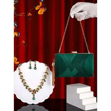 Henoyso Clutch Purse for Women Rhinestone Jewelry Set Prom Party Tassel Evening Clutch Bag Bridal Wedding Necklace Earrings Jewelry (Emerald Green)