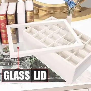 Coward Stackable Jewelry Trays Organizer Set with Clear Lid, Trays for Drawer, Earring Necklace Bracelet Ring Display Organizer (beige(ring+12girds+30girds+The glass lid))