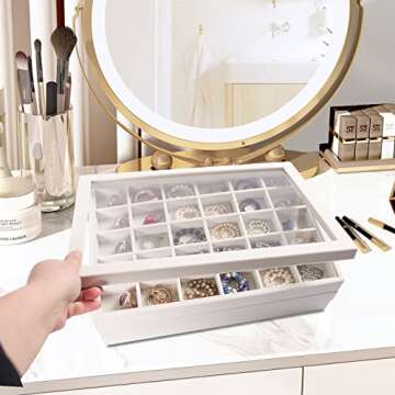 Coward Stackable Jewelry Trays Organizer Set with Clear Lid, Trays for Drawer, Earring Necklace Bracelet Ring Display Organizer (beige(ring+12girds+30girds+The glass lid))