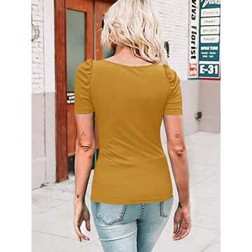 Valphsio Womens Puff Short Sleeve Top Ribbed Knit Elegant Slim T Shirt Blouse (Medium, Yellow)
