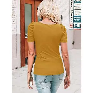 Valphsio Womens Puff Short Sleeve Top Ribbed Knit Elegant Slim T Shirt Blouse (Medium, Yellow)