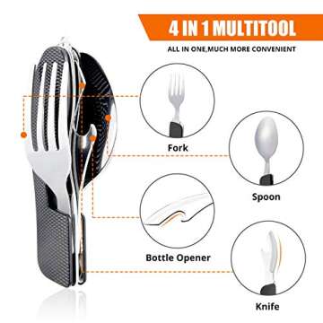 HIKENTURE Camping Utensils with Case 4-in-1 Folding Flatware Stainless Steel Fork Knife Spoon Bottle Opener Travel Cutlery Hobo Multitool Set(Black 2 Pack)