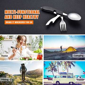 HIKENTURE Camping Utensils with Case 4-in-1 Folding Flatware Stainless Steel Fork Knife Spoon Bottle Opener Travel Cutlery Hobo Multitool Set(Black 2 Pack)