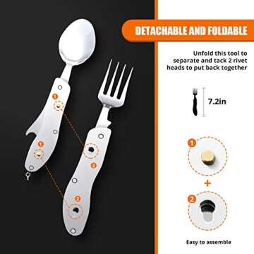 HIKENTURE Camping Utensils with Case 4-in-1 Folding Flatware Stainless Steel Fork Knife Spoon Bottle Opener Travel Cutlery Hobo Multitool Set(Black 2 Pack)
