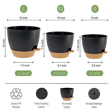 UOUZ Large Self Watering Pots, 12/10/9 Plastic Planters with High Drainage Holes and Deep Reservoir ...