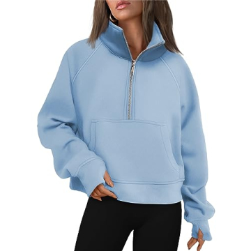 AUTOMET Womens Half Zip Cropped Fleece Hoodie - 2024 Fall Fashion LightBlue