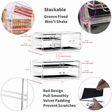 Cq acrylic 2 PCS Stackable Makeup Storage 5 Drawers Clear Bathroom Storage Organizer Acrylic Drawers Organizer for For Jewelry Hair Accessories Nail Polish Lipstick Make up Marker Pen