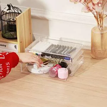Cq acrylic 2 PCS Stackable Makeup Storage 5 Drawers Clear Bathroom Storage Organizer Acrylic Drawers Organizer for For Jewelry Hair Accessories Nail Polish Lipstick Make up Marker Pen