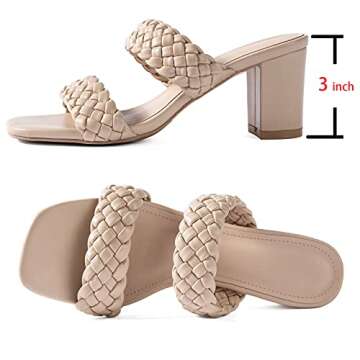 Braided Heeled Sandals for Women 3 Inch Chunky Block Heel Square-Toe Dress Shoes, Cream Size 6.5 Sum...