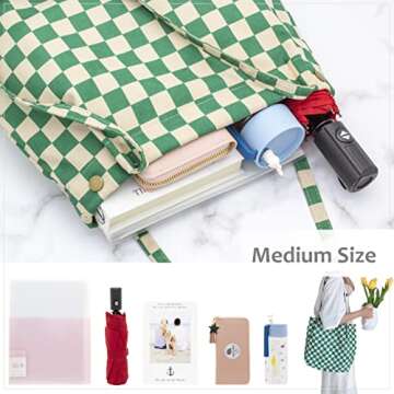 PAZIMIIK Corduroy Tote Bags for Women Reusable Grocery Shopping Shoulder Go-to Everyday Bag with Canvas Lining for Work Travel,Checkered Green