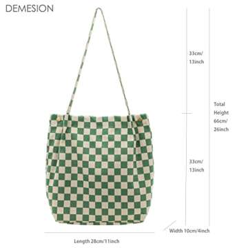 PAZIMIIK Corduroy Tote Bags for Women Reusable Grocery Shopping Shoulder Go-to Everyday Bag with Canvas Lining for Work Travel,Checkered Green