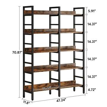 Tribesigns 5-Tier Industrial Bookshelf, 71”H x 47”W Etagere Bookcase, Freestanding Double Wide B...