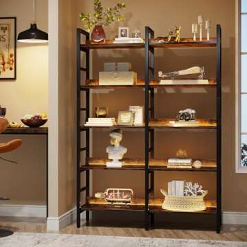 Tribesigns 5-Tier Industrial Bookshelf, 71”H x 47”W Etagere Bookcase, Freestanding Double Wide Book Shelf for Storage and Display, Wood and Metal Bookshelves for Living Room Home Office, Rustic Brown