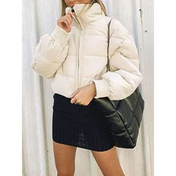 ZCSIA Women's Winter Long Sleeve Full Zipper Oversized Baggy Puffer Short Down Jacket Coat,Cream,Medium