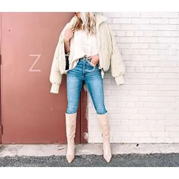 ZCSIA Women's Winter Long Sleeve Full Zipper Oversized Baggy Puffer Short Down Jacket Coat,Cream,Medium