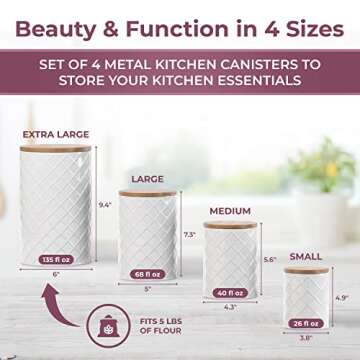 Pebble & Stem White Metal Canisters Sets for the Kitchen Counter, Kitchen Canisters Set of 4, Airtight Lids,Sugar and Flour Containers for Countertop, Coffee and Tea Storage, Farmhouse Decor