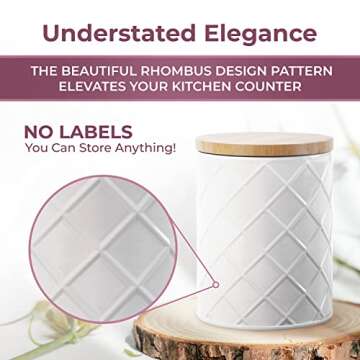 Pebble & Stem White Metal Canisters Sets for the Kitchen Counter, Kitchen Canisters Set of 4, Airtight Lids,Sugar and Flour Containers for Countertop, Coffee and Tea Storage, Farmhouse Decor