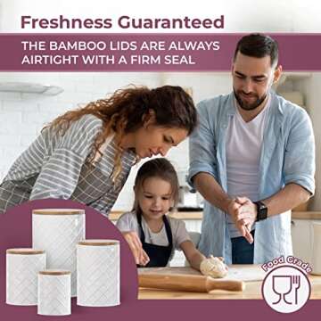 Pebble & Stem White Metal Canisters Sets for the Kitchen Counter, Kitchen Canisters Set of 4, Airtight Lids,Sugar and Flour Containers for Countertop, Coffee and Tea Storage, Farmhouse Decor