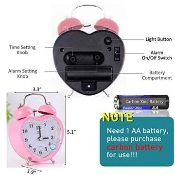 SHISEDECO 3 Inches Cute Twin Bell Loud Alarm Clock Silent Analog Quartz Nightlight Tableclock Battery Operated for Kids, Seniors, Heavy Sleepers, Decorations for Bedroom, Living Room (Pink)