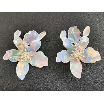 ANDPAI Unique Bohemian Oversized Acrylic Resin Flower Dangle Drop Earrings Retro Large Hawaii Flower Lei Earrings for Women Statement Jewelry Gifts (Transparent White 17)