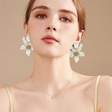 ANDPAI Unique Bohemian Oversized Acrylic Resin Flower Dangle Drop Earrings Retro Large Hawaii Flower Lei Earrings for Women Statement Jewelry Gifts (Transparent White 17)