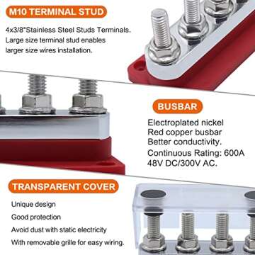 AMOMD 2 pcs 600A High Current Bus Bar with 4 Studs (3/8 inch) M10 Nickel Plated Copper Distribution Block Ideal for Electrical Battery Ground Buss Bar Connections with Cover 300 V AC/12-48 V DC