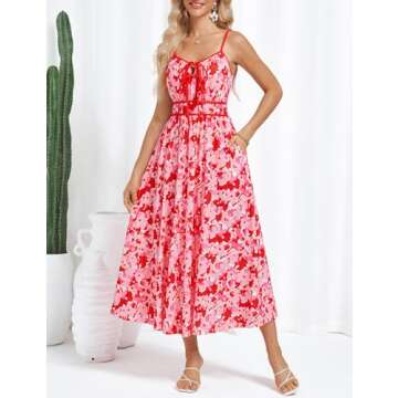 GRACE KARIN Women's 2025 Summer Casual Floral Boho Dress Spaghetti Strap Flowy Beach Maxi Dresses Pink Red S