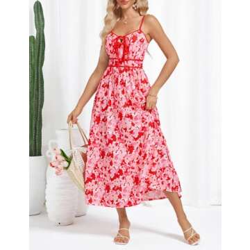 GRACE KARIN Women's 2025 Summer Casual Floral Boho Dress Spaghetti Strap Flowy Beach Maxi Dresses Pink Red S
