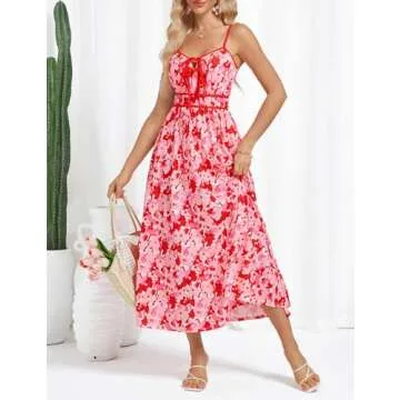 GRACE KARIN Women's 2025 Summer Casual Floral Boho Dress Spaghetti Strap Flowy Beach Maxi Dresses Pink Red S