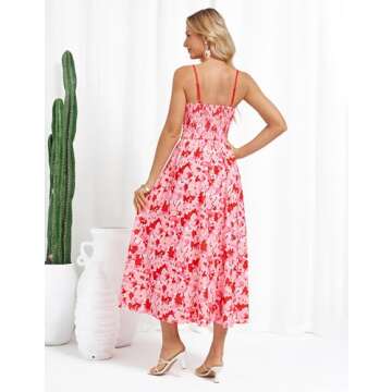 GRACE KARIN Women's 2025 Summer Casual Floral Boho Dress Spaghetti Strap Flowy Beach Maxi Dresses Pink Red S