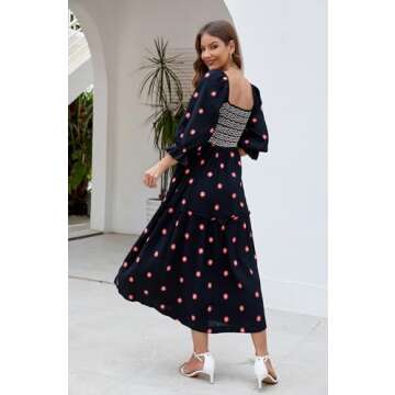 ABYOVRT Women Floral Embroidered Maxi Dress Long Puff Sleeve Square Neck Bohemian Flowy Dress with Pockets Smocked Fall Dress (Black,L)