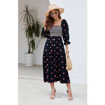 ABYOVRT Women Floral Embroidered Maxi Dress Long Puff Sleeve Square Neck Bohemian Flowy Dress with Pockets Smocked Fall Dress (Black,L)