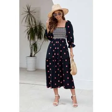 ABYOVRT Women Floral Embroidered Maxi Dress Long Puff Sleeve Square Neck Bohemian Flowy Dress with Pockets Smocked Fall Dress (Black,L)