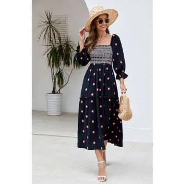 ABYOVRT Women Floral Embroidered Maxi Dress Long Puff Sleeve Square Neck Bohemian Flowy Dress with Pockets Smocked Fall Dress (Black,L)