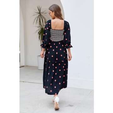ABYOVRT Women Floral Embroidered Maxi Dress Long Puff Sleeve Square Neck Bohemian Flowy Dress with Pockets Smocked Fall Dress (Black,L)
