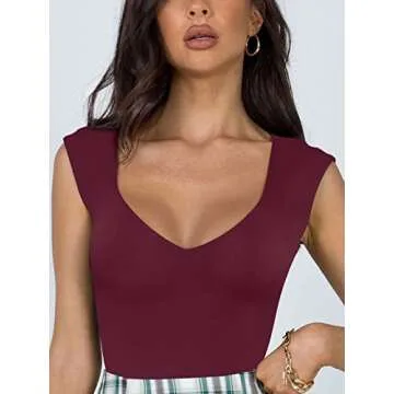 REORIA Women's Summer Sexy Casual V Neck Double Lined Seamless Sleeveless Slimming One Piece Leotards Going Out Trendy Tank Top Tees Thong Bodysuits Burgundy Large