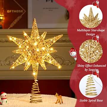 Roylvan Christmas Tree Topper Star, 3D Lighted Tree Topper with 8 Lighting Modes & Timer USB Power Xmas Indoor Decor Ornaments Adjustable Brightness Decor Festival Gift for Xmas Holiday Party, Gold