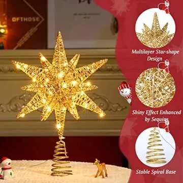 Roylvan Christmas Tree Topper Star, 3D Lighted Tree Topper with 8 Lighting Modes & Timer USB Power Xmas Indoor Decor Ornaments Adjustable Brightness Decor Festival Gift for Xmas Holiday Party, Gold