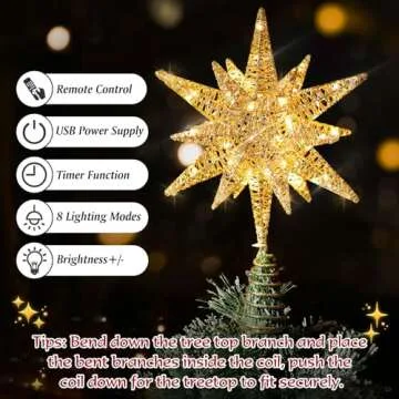 Roylvan Christmas Tree Topper Star, 3D Lighted Tree Topper with 8 Lighting Modes & Timer USB Power Xmas Indoor Decor Ornaments Adjustable Brightness Decor Festival Gift for Xmas Holiday Party, Gold