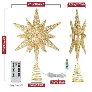 Roylvan Christmas Tree Topper Star, 3D Lighted Tree Topper with 8 Lighting Modes & Timer USB Power Xmas Indoor Decor Ornaments Adjustable Brightness Decor Festival Gift for Xmas Holiday Party, Gold