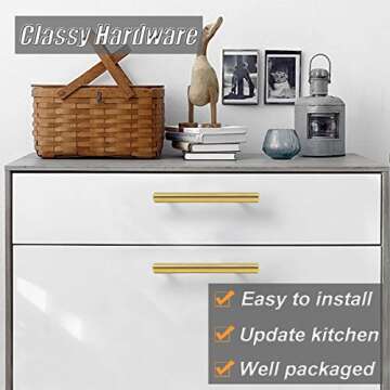 Probrico (5 Pack 3" Hole Centers Gold Cabinet Pulls, Euro Bar Cabinet Hardware Kitchen Bathroom Cabinet Modern T Bar Dresser Pull Drawer Handles, 5 Inch Overall Length