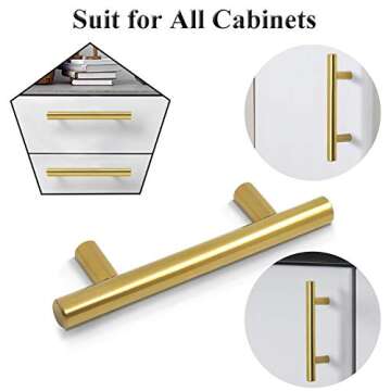 Probrico (5 Pack 3" Hole Centers Gold Cabinet Pulls, Euro Bar Cabinet Hardware Kitchen Bathroom Cabinet Modern T Bar Dresser Pull Drawer Handles, 5 Inch Overall Length