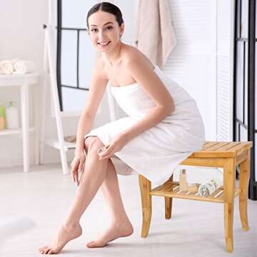 Hossejoy Bamboo Shower Bench Seat Wood Spa Bath Luxury Organizer Stool Shower Chair with Storage Shelf, Perfect for Indoor or Outdoor (19''x10.2''x17.7'')