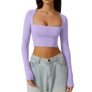 QINSEN Women's Sexy Square Neck Crop Top - Long Sleeve Slim Fit Purple