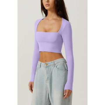 QINSEN Women's Sexy Square Neck Crop Top Long Sleeve Slim Fit