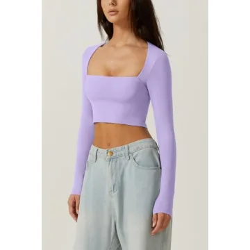 QINSEN Women's Sexy Square Neck Crop Top Long Sleeve Slim Fit