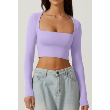 QINSEN Women's Sexy Square Neck Crop Top Long Sleeve Slim Fit