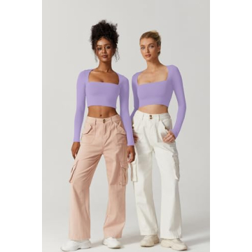 QINSEN Women's Sexy Square Neck Crop Top Long Sleeve Slim Fit
