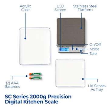 American Weigh Scales SC Series Precision Digital Kitchen Weight Scale, Food Measuring Scale, 2kg x ...