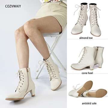 Cozivwaiy Women Vintage Victorian Boots 70s Lace up Ankle Boots Mid Heel Witch Granny Booties Costum...